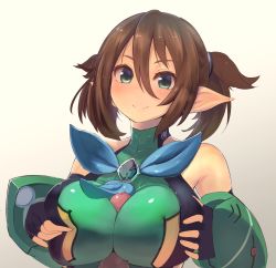 Rule 34 | 1girl, bad id, bad nijie id, bare shoulders, breasts, brown hair, fingerless gloves, gloves, green eyes, hair ornament, hairclip, highres, large breasts, paizuri, paizuri over clothes, patty (pso2), penis, phantasy star, phantasy star online 2, pointy ears, short hair, smile, solo focus, twintails, zi (mumei)