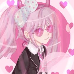 Rule 34 | 1girl, akiocream, black jacket, bow, child, closed mouth, danganronpa (series), danganronpa another episode: ultra despair girls, fake horns, feathers, female focus, hairband, headband, heart, horned headwear, horns, jacket, looking at viewer, multicolored background, neck ribbon, pink background, pink eyes, pink feathers, pink glasses, pink hair, pink hairband, pink headband, pink headwear, pink heart, pink horns, pink lips, pink ribbon, pink sunglasses, polka dot, polka dot bow, ribbon, simple background, smile, solo, sunglasses, twintails, upper body, utsugi kotoko, white background, white bow