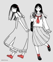 Rule 34 | 1girl, absurdres, ankle socks, arm at side, arms behind back, bag, black eyes, black hair, blouse, blunt bangs, blunt ends, character name, closed mouth, dress, facing viewer, flat color, floating hair, from behind, from side, full body, fuyuno kamome, grey background, greyscale, hair behind ear, hair over shoulder, hand up, highres, holding strap, jaggy lines, leg up, legs apart, loafers, long dress, long hair, long skirt, long sleeves, looking at viewer, looking back, looking to the side, monochrome, multiple views, neckerchief, no nose, original, own hands together, pants, pinafore dress, pleated skirt, puffy long sleeves, puffy sleeves, red footwear, red legwear, red neckerchief, sailor collar, school bag, school uniform, serafuku, shirt, shoelaces, shoes, short sleeves, shoulder bag, simple background, skirt, sleeve cuffs, sleeveless dress, smile, socks, spot color, standing, tareme