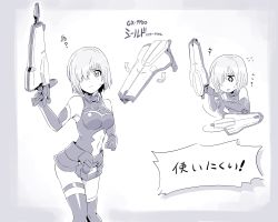 Rule 34 | 1girl, after war gundam x, armor, asymmetrical legwear, bare shoulders, breasts, character sheet, clothing cutout, elbow gloves, fate/grand order, fate (series), female focus, gloves, gun, gundam, gundam x, hair over one eye, highres, ishiyumi, mash kyrielight, monochrome, navel, navel cutout, rifle, shield, solo, thigh strap, thighhighs, uneven legwear, weapon, white background