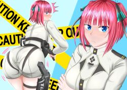 Rule 34 | 1girl, absurdres, ass, blue eyes, blush, breasts, cameltoe, cosplay, embarrassed, from behind, go-toubun no hanayome, goddess of victory: nikke, gun, hair ribbon, handgun, highres, huge ass, jiggle, large breasts, leaning, leaning forward, military, military uniform, nakano nino, open mouth, pink hair, privaty (nikke), privaty (nikke) (cosplay), ribbon, short hair, sideboob, skin tight, solo, surprised, taketatsu ayana, uniform, voice actor connection, weapon