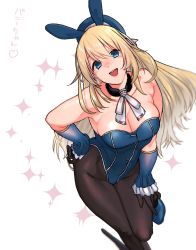 Rule 34 | 1girl, alternate costume, animal ears, atago (kancolle), black gloves, black pantyhose, blonde hair, blue eyes, blue footwear, blue hat, blue leotard, breasts, cleavage, fake animal ears, fur collar, gloves, hair between eyes, hand on own hip, hat, highres, kantai collection, large breasts, leg up, leotard, long hair, open mouth, pantyhose, playboy bunny, rabbit ears, shishanmo, simple background, solo, sparkle