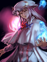 Rule 34 | 1girl, blue fire, capelet, crescent, dress, fire, floating skull, hair ribbon, half-closed eyes, hat, inishie kumo, long sleeves, looking at viewer, patchouli knowledge, purple eyes, purple hair, ribbon, solo, striped clothes, striped dress, touhou, tress ribbon