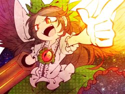 Rule 34 | 1girl, arm cannon, black hair, cape, female focus, frills, long hair, open mouth, outstretched arm, red eyes, reiuji utsuho, shirt, sizma, skirt, smile, solo, touhou, weapon, wings