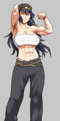 Rule 34 | 10s, 1girl, abs, arm behind head, artist request, bandages, bandages around chest, biceps, black hair, breasts, daidouji (senran kagura), female focus, flexing, grey background, hat, long hair, muscular, muscular female, navel, pants, red eyes, senran kagura, simple background, solo, standing