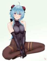 Rule 34 | 1girl, absurdres, ahoge, artist name, bare shoulders, black gloves, black leotard, blue hair, blush, bodystocking, bodysuit, bow, breasts, brown legwear, cameltoe, covered navel, elbow gloves, full body, ganyu (genshin impact), genshin impact, gloves, highres, horns, leotard, leotard under clothes, long hair, looking at viewer, medium breasts, no shoes, peagunz, purple eyes, sidelocks, sitting, smile, solo, thighlet, thighs