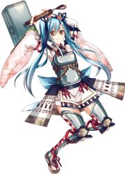Rule 34 | &gt;:(, 1girl, armor, blue hair, breastplate, flower, frown, full body, hair flower, hair ornament, hair ribbon, holding, holding mallet, holding weapon, long hair, mallet, official art, oshiro project:re, oshiro project:re, ribbon, saijou haruki, transparent background, tsuyama (oshiro project), twintails, v-shaped eyebrows, weapon, yellow eyes