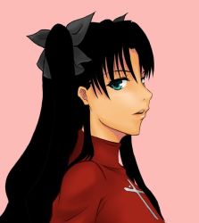Rule 34 | 00s, 1girl, aqua eyes, bad id, bad pixiv id, black hair, black ribbon, fate/stay night, fate (series), female focus, hair ribbon, lips, long hair, looking at viewer, looking to the side, natsuki (artist), neck, open mouth, pink background, red sweater, ribbon, round teeth, serious, simple background, solo, sweater, teeth, tohsaka rin, two side up, type-moon, upper body