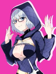 Rule 34 | 1girl, a-kiraa (whisper), absurdres, belt, black dress, black jacket, blue eyes, blush, breasts, cleavage, cropped jacket, dress, fate/grand order, fate (series), glasses, grey hair, hands up, highres, hood, hood up, hooded jacket, jacket, jacques de molay (foreigner) (fate), large breasts, long sleeves, looking at viewer, open clothes, open jacket, short dress, short hair, smile, solo, sword, weapon