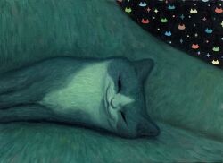 Rule 34 | animal, animal focus, cat, closed mouth, commentary request, green theme, half-closed eyes, highres, karin hosono, looking at viewer, lying, no humans, on side, original, painting (medium), realistic, sideways, solo, traditional media, upper body