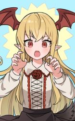 Rule 34 | 1girl, bat wings, black shirt, blonde hair, blush, brown shirt, claw pose, collared shirt, eno (preno gb), fangs, flower, frilled shirt collar, frills, granblue fantasy, head wings, highres, long hair, long sleeves, looking at viewer, open mouth, pointy ears, red eyes, rose, shingeki no bahamut, shirt, shirt tucked in, solo, upper body, vampy, wings