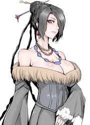 Rule 34 | 00s, 1girl, absurdres, bare shoulders, bead necklace, beads, black dress, black hair, breasts, cleavage, closed mouth, collarbone, dress, eyeshadow, final fantasy, final fantasy x, gggg, hair ornament, hair over one eye, hair stick, highres, jewelry, large breasts, lipstick, long hair, long sleeves, looking at viewer, lulu (ff10), makeup, mole, mole under mouth, necklace, purple lips, red eyes, smile, solo, upper body, wide sleeves