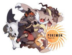 Rule 34 | 1boy, aged down, bad id, bad twitter id, bandaid, bandaid on knee, bandaid on leg, black hair, black shirt, character name, creatures (company), cubone, dark-skinned male, dark skin, fletchling, game freak, gen 1 pokemon, gen 6 pokemon, gen 7 pokemon, growlithe, jumping, kangaskhan, kiawe (pokemon), looking at viewer, male focus, multicolored hair, nintendo, open mouth, pokemon, pokemon (creature), pokemon sm, red shorts, salandit, sandals, shirt, shorts, simple background, sun, tank top, tetsuyoh, trial captain, two-tone hair, very dark skin, white background, z-ring
