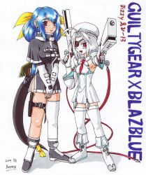 Rule 34 | 2girls, arc system works, banpaiyu, beret, blazblue, blue hair, cosplay, dizzy (guilty gear), eyepatch, fang, guilty gear, gun, hat, highres, marker (medium), millia rage, millia rage (cosplay), multiple girls, noel vermillion, noel vermillion (cosplay), nu-13, red eyes, tail, thighhighs, traditional media, weapon, white hair