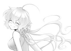 Rule 34 | 1girl, ahoge, bad id, bad pixiv id, bare shoulders, breasts, closed eyes, frilled shirt, frills, greyscale, grin, hair between eyes, hair ornament, hair scrunchie, highres, lanlanlap, large breasts, long hair, looking at viewer, looking to the side, low twintails, monochrome, scrunchie, senki zesshou symphogear, shirt, sleeveless, sleeveless shirt, smile, solo, twintails, white background, yukine chris