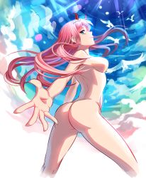 Rule 34 | 1girl, ass, bird, blue eyes, breasts, closed mouth, completely nude, cowboy shot, darling in the franxx, from below, highres, horns, inari kei, legs apart, long hair, looking at viewer, medium breasts, no nipples, nude, pink hair, reaching, smile, solo, zero two (darling in the franxx)