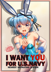 Rule 34 | 1girl, alternate costume, animal ears, aqua hair, blue leotard, blue neckwear, blush, breasts, detached collar, detached sleeves, dixie cup hat, double bun, english text, fake animal ears, fang, fishnet pantyhose, fishnets, hair bun, hand on own hip, hat, kantai collection, leotard, medium breasts, military hat, moke ro, one-hour drawing challenge, open mouth, pantyhose, playboy bunny, pointing, pointing at viewer, rabbit ears, rabbit tail, samuel b. roberts (kancolle), see-through, see-through sleeves, short hair, simple background, solo, star (symbol), tail