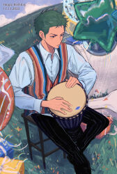Rule 34 | 1boy, absurdres, alternate costume, drum, drumming, feet out of frame, from above, grass, green hair, half-closed eyes, happy birthday, highres, instrument, male focus, one piece, pants, roronoa zoro, short hair, sitting, solo, towne, vest