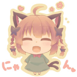 Rule 34 | 1girl, ^ ^, ahoge, animal ears, blush, bow, braid, cat ears, cat tail, chibi, closed eyes, closed eyes, fang, flower, hair bow, hazuki ruu, heart, kaenbyou rin, looking at viewer, open mouth, red hair, solo, tail, touhou, twin braids