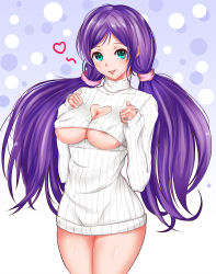 Rule 34 | 10s, 1girl, areola slip, blue eyes, breasts, cleavage, cleavage cutout, clothing cutout, heart, highres, large breasts, long hair, looking at viewer, love live!, love live! school idol project, meme attire, no bra, no pants, open-chest sweater, purple hair, ribbed sweater, solo, sweater, tojo nozomi, twintails, underboob, underboob cutout, ytoy