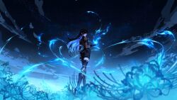 Rule 34 | 1girl, blue fire, blue flower, blue hair, fate trigger: the novita, fire, flower, hand up, highres, night, night sky, sky, solo, xiva (trigger of fate the novita)