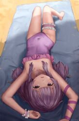 Rule 34 | 1girl, arm ribbon, armpits, arms up, bare shoulders, barefoot, beach, beach towel, breasts, brown hair, choker, covered navel, fallenshadow, feet, groin, highres, indie virtual youtuber, legs, long hair, looking at viewer, lying, on back, one-piece swimsuit, open mouth, outdoors, pink eyes, pink one-piece swimsuit, ribbon, rurikon, small breasts, solo, strapless, strapless one-piece swimsuit, swimsuit, thigh strap, thighs, toes, towel, virtual youtuber