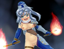 Rule 34 | 1girl, armor, blush, breastless clothes, breasts, d.koutya, dual wielding, female pubic hair, fire, goggles, goggles on head, hat, holding, looking at viewer, mononobe no futo, navel, nipples, open mouth, ponytail, pubic hair, pussy, reverse bikini armor, reverse outfit, short hair, silver hair, small breasts, smile, solo, sticks, tate eboshi, touhou, uncensored