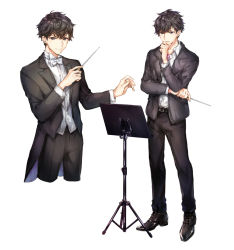 Rule 34 | 1boy, black footwear, black hair, blazer, brown eyes, closed mouth, coattails, conductor, cowboy shot, full body, hand on own chin, holding, holding wand, jacket, looking at viewer, male focus, messy hair, multiple views, music, original, shirt, shoes, simple background, smile, stand, tuxedo, wand, white background, white shirt, yuli (yulipo)