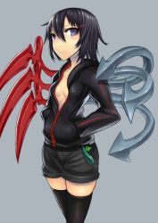 Rule 34 | 1girl, asymmetrical wings, black hair, black thighhighs, blush, breasts, cellphone charm, cellphone strap, charm (object), cleavage, contemporary, female focus, gia, hair ornament, hairclip, hands in pockets, highres, hood, hoodie, houjuu nue, looking at viewer, no bra, purple eyes, short hair, shorts, simple background, small breasts, solo, thighhighs, touhou, ufo, unzipped, wings