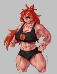 Rule 34 | 1girl, abs, blue eyes, breasts, eyepatch, gym uniform, highres, large breasts, muscular, muscular female, orange hair, solo, team fortress 2, thighs, zess (zesty jesus)