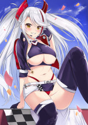 Rule 34 | 1girl, azur lane, belt, breasts, checkered flag, clothing cutout, cropped shirt, earpiece, flag, gloves, half gloves, headgear, highres, itaba atsushi, jacket, large breasts, long hair, looking at viewer, microskirt, mole, mole on breast, multicolored hair, official alternate costume, open clothes, open jacket, panties, prinz eugen (azur lane), prinz eugen (final lap) (azur lane), purple gloves, purple jacket, purple skirt, purple thighhighs, race queen, red hair, red panties, sitting, skirt, solo, streaked hair, thighhighs, two-tone hair, two-tone skirt, underboob, underboob cutout, underwear, white belt, white hair, white skirt, yellow eyes