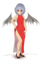 Rule 34 | 1girl, alternate costume, bare legs, bare shoulders, bat wings, blue hair, blush, china dress, chinese clothes, dress, female focus, high heels, looking at viewer, peperoncirno, red eyes, remilia scarlet, shoes, short hair, side slit, solo, touhou, wings