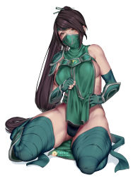 Rule 34 | absurdly long hair, absurdres, akali, akali (legacy), areola slip, bare shoulders, breasts, brown eyes, brown hair, clothes lift, covered mouth, covering own mouth, elbow gloves, full body, gloves, groin, highres, kumiko shiba, large breasts, league of legends, lifted by self, long hair, looking at viewer, mask, mouth mask, ninja mask, patreon logo, pelvic curtain, ponytail, seiza, sideboob, simple background, sitting, skirt, skirt lift, sleeveless, solo, thighhighs, thighs, vambraces, very long hair, white background