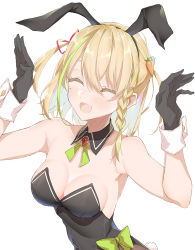 Rule 34 | 1girl, :d, animal ears, black gloves, black hairband, black leotard, blonde hair, bow, braid, breasts, brooch, closed eyes, commission, e sky rugo, fake animal ears, fuzuki miki, gloves, green bow, hair ribbon, hairband, hands up, highres, indie virtual youtuber, jewelry, leotard, looking at viewer, medium breasts, medium hair, mole, mole under eye, multicolored hair, open mouth, rabbit ears, rabbit pose, red ribbon, ribbon, simple background, skeb commission, smile, solo, streaked hair, upper body, virtual youtuber, white background, wrist cuffs