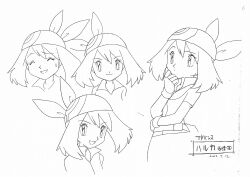 00s 1girl 2002 2024_pokemon_teraleak bandana character_sheet concept_art creatures_(company) dated full_body game_freak highres may_(pokemon) medium_hair monochrome multiple_views nintendo non-web_source official_art pokemon pokemon_(anime) pokemon_rse_(anime) short_shorts shorts smile standing translation_request turnaround white_background