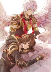 Rule 34 | 10s, 2boys, angel wings, armor, blue eyes, brown hair, commentary request, elbow gloves, closed eyes, gloves, granblue fantasy, hand on another&#039;s head, hood, hood down, hooded jacket, jacket, kazuhito (1245ss), lap pillow, long sleeves, lucifer (shingeki no bahamut), multiple boys, pink hair, sandalphon (granblue fantasy), short sleeves, shoulder armor, sitting, sleeping, smile, spread wings, white background, wings