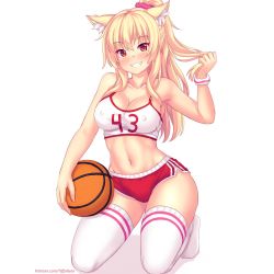 Rule 34 | 1girl, animal ear fluff, animal ears, ball, bare shoulders, basketball, basketball (object), blonde hair, blush, breasts, cat ears, cleavage, collarbone, commentary, covered erect nipples, english commentary, fang, highres, kneeling, large breasts, long hair, looking at viewer, midriff, navel, nottytiffy, original, ponytail, red eyes, slit pupils, smile, solo, tank top, thighhighs, tiffy (nottytiffy), white background, white thighhighs