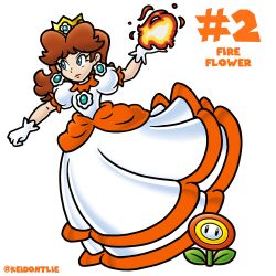 1girl artist_name blue_eyes brown_hair crown dress earrings english_text fire_daisy fire_flower fireball flower_earrings gloves highres jewelry keidontlie long_dress looking_to_the_side mario_(series) medium_hair nakaue_shigehisa_(style) nintendo official_alternate_costume orange_dress princess_daisy puffy_short_sleeves puffy_sleeves short_sleeves simple_background solo super_mario_bros._wonder twitter_username two-tone_dress white_background white_dress white_gloves