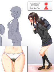Rule 34 | 3girls, apotea, arrow (symbol), backpack, bag, black socks, black sweater, blue skirt, blush, bow, bow panties, breasts, brown footwear, brown hair, cameltoe, closed eyes, crotch, crying, embarrassed, english text, faceless, faceless female, female focus, from side, full body, gluteal fold, hand in pocket, handbag, have to pee, heel up, highres, idolmaster, idolmaster cinderella girls, indoors, kneehighs, leaning forward, long hair, long sleeves, miniskirt, multiple girls, multiple views, navel, necktie, nose blush, open mouth, panties, pants, peeing, peeing self, pleated skirt, profile, puddle, queue, school uniform, shibuya rin, shirt, shoes, short hair, sign, skindentation, skirt, small breasts, socks, solo focus, standing, striped neckwear, sweat, sweater, tears, teeth, textless version, thigh gap, underwear, wet, wet clothes, wet panties, white panties, white shirt