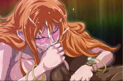 Rule 34 | 1girl, blush, bracelet, breasts, cahlacahla, censored, cum, cum in mouth, dark skin, dark-skinned male, ejaculation, closed eyes, fellatio, jewelry, large breasts, long hair, lying, mosaic censoring, nami (one piece), nude, one piece, oral, orange hair, penis, simple background, solo focus, sweat