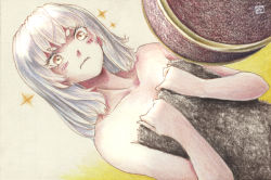 Rule 34 | 10s, 1girl, blunt bangs, blush, collarbone, gradient background, kantai collection, long hair, looking at viewer, murakumo (kancolle), naked towel, orange eyes, solo, sparkle, tesun (g noh), towel, traditional media, upper body, watercolor pencil (medium), wavy mouth