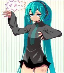 Rule 34 | 1girl, black thighhighs, blue eyes, bored, green hair, hatsune miku, headphones, kara age, long hair, open mouth, solo, standing, thighhighs, twintails, vocaloid