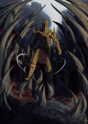 Rule 34 | 1boy, armor, breastplate, dark souls (series), dark souls i, dual wielding, facing viewer, full armor, gauntlets, gold armor, helm, helmet, highres, holding, holding sword, holding weapon, knight lautrec of carim, male focus, max58art, monster, pelvic curtain, solo, sword, weapon