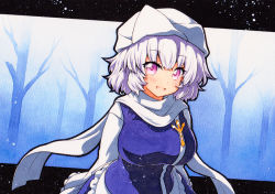 Rule 34 | 1girl, :d, arms behind back, bad id, bad pixiv id, bare tree, blue background, blue dress, blush, breasts, dress, hat, lapel pin, large breasts, letty whiterock, light purple hair, long sleeves, looking at viewer, open mouth, pink eyes, purple eyes, qqqrinkappp, scarf, short hair, smile, solo, touhou, traditional media, tree, upper body, white hat, white scarf