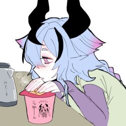 Rule 34 | 1other, alternate costume, black hair, blue hair, blush, braid, braided ponytail, commentary request, cup ramen, from side, gradient hair, green shirt, hand rest, head rest, horns, layered sleeves, long sleeves, looking at food, looking down, marutsubo, meika mikoto, multicolored hair, one-hour drawing challenge, open mouth, pink eyes, purple sleeves, shirt, short over long sleeves, short sleeves, simple background, sleeves past wrists, solo, steam, streaked hair, table, teapot, translation request, upper body, vocaloid, warming hands, white background
