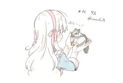 Rule 34 | 1girl, acorn, animal, animal name, blue dress, blush, commentary, cropped torso, dress, eating, fingernails, food, from behind, hairband, highres, holding, holding animal, holding food, kagerou project, kozakura marry, looking at animal, numbered, pink eyes, pink hairband, pink ribbon, ribbon, sa-fu (sfmk39), simple background, sleeves past elbows, solo, sound effects, squirrel, translated, twitter username, wavy hair, white background, white hair, white theme