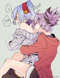 Rule 34 | !?, 2girls, bad id, bad twitter id, bare back, blush, casual, commentary request, closed eyes, fate/grand order, fate (series), grey background, heart, hood, hood down, hoodie, hug, hug from behind, kiss, kissing back, leg lock, long sleeves, miyamoto musashi (fate), monokuro (sekahate), multiple girls, off shoulder, open mouth, pink hair, ponytail, red eyes, silver hair, sweat, thighhighs, tomoe gozen (fate), twitter username, yuri