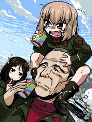 Rule 34 | 10s, 1boy, 2girls, blonde hair, blue eyes, blush stickers, brown hair, brown legwear, can, canned coffee, carrying, cloud, day, drink can, drunk, fang, girls und panzer, holding, jacket, katyusha (girls und panzer), loafers, long hair, long sleeves, military, military vehicle, motor vehicle, multiple girls, nonna (girls und panzer), open mouth, outdoors, piggyback, r-ex, school uniform, shoes, short hair, short jumpsuit, shoulder carry, sky, snow, socks, soda can, standing, t-34, tank, tears, tommy lee jones, vehicle
