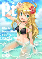 Rule 34 | 1girl, :d, arm support, artist name, beach, bikini, black bikini, blonde hair, cloud, day, english text, fang, flower, front-tie bikini top, front-tie top, green eyes, hair flower, hair ornament, hibiscus, hoshii miki, idolmaster, idolmaster (classic), long hair, looking at viewer, mimishiki, navel, open mouth, outdoors, partially submerged, side-tie bikini bottom, sitting, sky, smile, solo, swimsuit, wariza