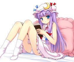 Rule 34 | 1girl, bare shoulders, blue eyes, blush, book, crescent, dress, female focus, frilled pillow, frills, hat, legs, long hair, open book, panties, patchouli knowledge, pillow, purple hair, reading, simple background, solo, tiptoes, touhou, underwear, yamasan